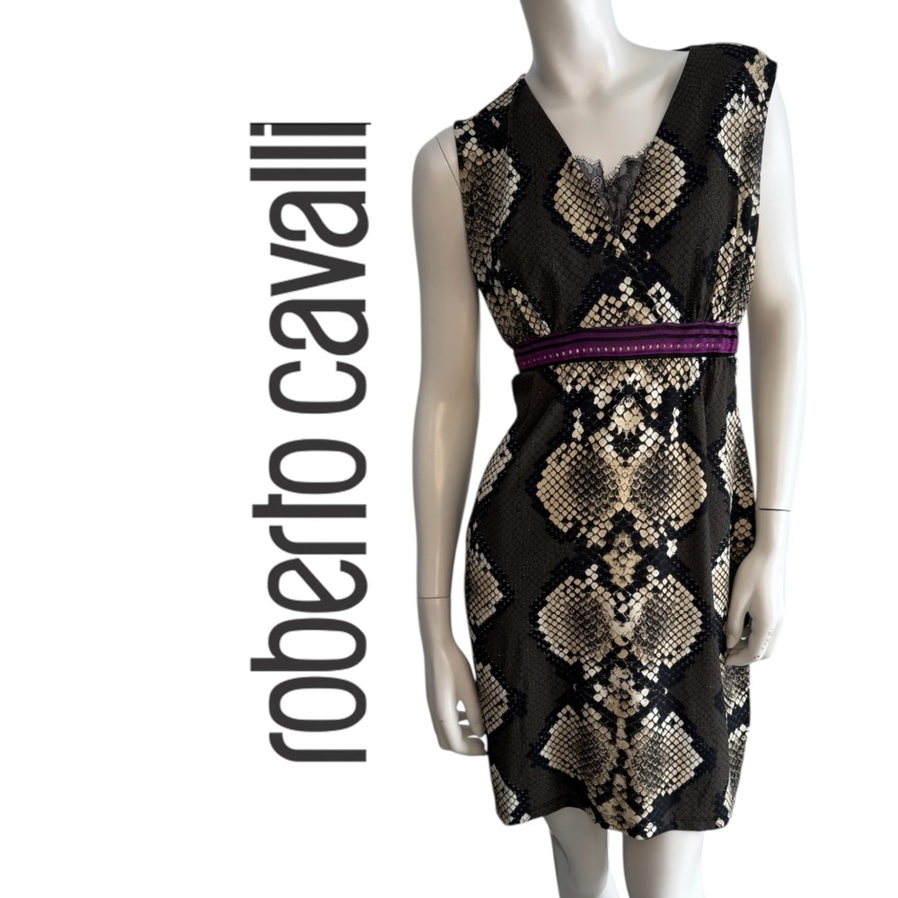 Roberto Cavalli Black & Cream Snake-Print V-Neck Dress with Purple Accent Waist